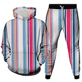 baratos Conjunto de Moletom 3D Masculino-Homens Tiras verticais 2pcs Conjuntos de moletom 3D Moletom Moletom com capuz Manga Longa Calças compridas Com Capuz Casual Diário Roupa Esportiva Impressão 3D Primavera Outono Inverno Rubi Vermelho