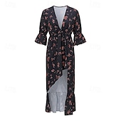 levne Boho šaty-Dámské Midi šaty Vintage šaty Boho šaty Šaty s potiskem Westernové šaty Vinobraní Módní Venkovní Dovolená Rande Běžný Květiny Krátký rukáv Do V Černá Léto