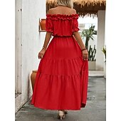 preiswerte Lässige Blumenkleider-Damen Langes Kleid Maxikleid Schwingkleid Sommerkleid Elegant Ausgehen Sommerkleid Normale Passform Einfarbig Kurzarm Schulterfrei Schwarz Rote Rosenrot Aprikose Sommer