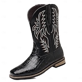abordables Cowboy et bottes occidentales-Bottes de cowboy western en cuir de vachette noir gaufré pour hommes avec bout pointu et coutures classiques, chaussures élégantes pour les événements country, l&#039;équitation et la mode rodéo