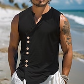 economico Vacanza-Per uomo Camicia Camicia di lino Camicia Estiva Camicia da Spiaggia Camicia vintage Maglietta senza maniche Semplice Vacanza Ferie Nero Bianco Blu Cachi Senza Maniche Collo alla coreana Estate