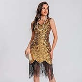 voordelige Jaren 1920 Jurken-Retro vintage Roaring jaren &#039;20 Jaren 1920 Boven de knie Tot de knie Flapper jurk Cocktailjurk Mouwloos The Great Gatsby Flapper Girl Pailletten Zoom V-hals Kostuum Dames Kerstmis Carnaval Bruiloft