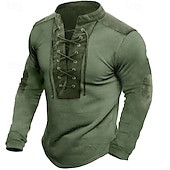 preiswerte Basic-T-Shirts-Herren T-Shirt aus Baumwollleinen Langarm Stehkragen Henley Sommer Frühling Herbst Einfach Basic Rustikal Modern Patchwork Kordelzug Knöpfe Heim Straße Lässig Schwarz Grau Grün Top T-Shirt für Herren