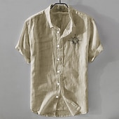preiswerte Business Casual-Herren Leinenhemd Freizeithemd Baumwoll-Leinen-Hemd Knopfhemd Muster Urlaub Straße Weiß Dunkelmarine Himmelblau Khaki Kurzarm Revers Sommer Bekleidung Button-Down
