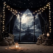 preiswerte Halloween-Wandteppiche-Halloween hängender Wandteppich Schlossfensteransicht Fotografien Hintergrund Jack O Lantern Wandkunst großes Wandteppich Wandbild Dekovorhang Zuhause Schlafzimmer Wohnzimmer Dekoration Tod Selfie