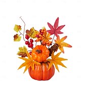 abordables Couronnes d&#039;Halloween et Décorations Florales-Décoration de bureau d&#039;automne d&#039;Halloween avec fausse citrouille, feuilles d&#039;érable et décoration lumineuse à LED pour le festival des récoltes d&#039;automne, décoration de scène d&#039;automne effrayante