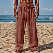 cheap Holiday-Men&#039;s Linen Pants Trousers Summer Pants Baggy Pants Beach Pants Elastic Waist Drawstring Straight Leg Plain Comfort Breathable Full Length Casual Daily Holiday Vacation Fashion White Pink Inelastic
