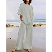 abordables Conjuntos-Conjuntos de pantalones de lino para mujer, 15% lino, básicos, color liso, bolsillo, cintura elástica, camiseta, pantalón, uso diario, calle, manga larga, cuello redondo, azul, negro, blanco, azul marino, marrón claro, verano, primavera