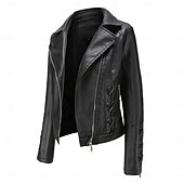 cheap Faux Leather Jackets-Women&#039;s Faux Leather Jacket Comfortable Full Zip Fashion Street Style Plain Outdoor Casual Daily Regular Turndown Regular Fit Long Sleeve Outerwear Black Red Green Spring Fall