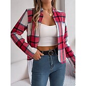 Χαμηλού Κόστους 3D Παλτά-Γυναικεία Casual Jacket Άνετο Αναπνέει Στάμπα Καθημερινό Καρό Διακοπές Δρόμος Καθημερινά Ρούχα Εξόδου Ανοικτό Μπροστά Κοντό Όρθιος Γιακάς Κανονικό Μακρυμάνικο Εξωτερικά ενδύματα