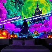 cheap Halloween Garage Door Cover-Halloween Blacklight Tapestry Witch Castle UV Reactive Glow in the Dark Forest Trippy Mountain Misty Graveyard Ghost Hanging Tapestry Wall Art Mural for Living Room Bedroom