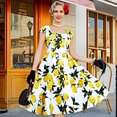 preiswerte Kleider-Retro Vintage 1950er Rockabilly Midlänge Swing-Kleid Ausgestelltes Kleid Kappe Blumen Frucht A-Linie Quadrathals Damen Karneval Urlaub Alltagskleidung Retro-Mottoparty Erwachsene Kleid Frühling