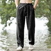 baratos Feriado-Homens Calças de linho Calças Calça verão Calças largas Cintura elástica Com Cordão Perna reta Tecido Conforto Respirável Comprimento total Ao ar livre Casual Diário Moda Estilo Clássico Preto Branco