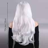 economico Parrucche da festa-parrucca lunga riccia bianco-argento per donna – fibra ad alta temperatura, frangia piena, calotta completa, ideale per cosplay, Halloween e look alla moda