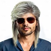 economico Parrucche storiche-Parrucca mullet lunga bicolore grigio-biondo in stile anni &#039;80, accessorio per feste in costume