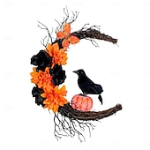 abordables Couronnes d&#039;Halloween et Décorations Florales-Couronne d&#039;Halloween pour décoration intérieure et extérieure de porte d&#039;entrée, guirlande de lune de corbeau noir orange avec citrouille, brindilles, anneau de vigne pour décoration murale de fête