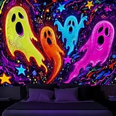 preiswerte Halloween Garagentorabdeckung-Halloween Schwarzlicht Wandteppich süßer Geist UV reaktiv Leuchten im Dunkeln Wald verzerrter Berg nebliger Friedhof Geist hängender Wandteppich Wandkunst Wandmalerei für Wohnzimmer Schlafzimmer