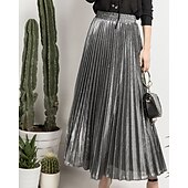 abordables Jupes Maxi-Femmes Jupe Mode Occasionnel Maxi Taille haute Jupes Uni Plissé Micro-Élastique Décontracté Quotidien Week-end Argent Noir Dorée Rouge Été Polyester