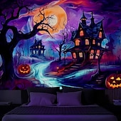 cheap Halloween Wall Tapestries-Halloween Blacklight Tapestry Haunted House UV Reactive Glow in the Dark Forest Trippy Mountain Misty Graveyard Ghost Hanging Tapestry Wall Art Mural for Living Room Bedroom
