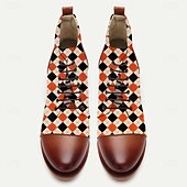 baratos Calçados de Declaração-Botas masculinas de tecido jacquard xadrez com cadarço – botins estilo vintage retrô para looks criativos, festas e uso diário