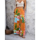 abordables jambe large et taille haute-Femmes Jambe large Chinos Vacances ancien Mode Longueur complète Taille haute Fleuri Ceinture Élastique Impression Confortable Doux Micro-Élastique Extérieur Vacances Rue Blanche Jaune Rose Claire