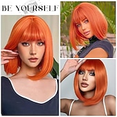 tanie Peruki imprezowe-Krótkie peruki typu bob z grzywką - prosta peruka typu bob dla kobiet rudych 12-calowa peruka syntetyczna włosy z włókien odpornych na ciepło naturalny i stylowy wygląd odpowiedni na imprezy cosplay