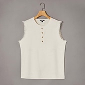 Недорогие Хлопковые Льняные Футболки-Муж. Рубашка Хенли Безрукавка Без рукавов Хенли Лето Полотняное плетение Мода Оригинальный рисунок Богемные Пуговицы Повседневные Отпуск На выход Светло-синий Черный Белый Футболка для мужчин