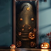 billiga Halloween dörröverdrag-Halloween Dörröverdrag – Glödande pumpor i gotisk portal spökhus ingångsbanner höst utomhus- och inomhusdekoration för Halloween 2025 för sovrum vardagsrum badrum