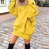 baratos Moletons forrados de fleece-Mulheres Pulôver Moletom Com Capuz Tecido Roupa de rua Casual Confortável Manga Longa Com Capuz Tops regulares Rua Feriado Para Noite Bolsos Amarelo Roxo Cinzento Outono