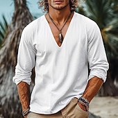 preiswerte Urlaub-Herren Leinenhemd Popover-Hemd Sommerhemd Strandbekleidung Vintage-Shirt Ethno-Hemd Einfach Urlaub Lässig Schwarz Weiß Wein Blau Langarm V Ausschnitt Sommer Frühling Bekleidung