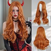 economico Parrucche da festa-Parrucca di Halloween arancione ondulata di media lunghezza da 20 pollici, riga centrale, senza frangia, capelli sintetici resistenti al calore per cosplay &amp;servizi fotografici