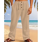cheap Holiday-Men&#039;s Linen Pants Trousers Summer Pants Beach Pants Pocket Elastic Waist Drawstring Plain Comfort Breathable Vacation Daily Holiday Hawaiian Boho Dark Khaki Black