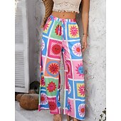abordables jambe large et taille haute-Femmes Jambe large Chinos Vacances ancien Mode Longueur complète Taille haute Fleuri Ceinture Élastique Impression Confortable Doux Micro-Élastique Extérieur Vacances Rue Blanche Jaune Rose Claire