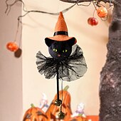 levne Halloweenové závěsné a stolní dekorace-Závěsná ozdoba na halloweenskou panenku čarodějnice, kreslený zvonek s tylovou sukní, dýně, duch a plyšové přívěsky s černou kočkou pro vnitřní i venkovní halloweenské párty a domácí dekorace
