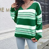 economico Motivi grafici e dettagli-Per donna Maglione Casual A righe Spesso Scollo a V Lavorato a maglia Manica Lunga Top Regolari Maglia Quotidiano Ferie Uscire Vino Blu Autunno Inverno