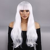 economico Parrucche da festa-parrucca lunga riccia bianco-argento per donna – fibra ad alta temperatura, frangia piena, calotta completa, ideale per cosplay, Halloween e look alla moda