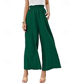 abordables jambe large et taille haute-Femmes Jambe large Slacks Streetwear Occasionnel Longueur complète Naturel Uni Avec Poches Taille Élastique Confortable Fête Week-end Rouille Vert printanier Noir Blanche Automne Coupe régulière