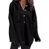 baratos Tops Simples-Mulheres Pulôver Moletom Com Capuz Tecido Casual Manga Longa Com Capuz Tops regulares Rua Dia a Dia Bolsos Botões Preto Laranja Verde cáqui Cinzento Outono Inverno