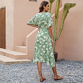 preiswerte Blumenkleider-Damen Midikleid Sommerkleid A Linie Kleid Urlaub Party Lässig Schmetterling Party Ausgehen Strand Standard Passform Blumen Grafik Kurzarm V Ausschnitt Grün Sommer Frühling Herbst