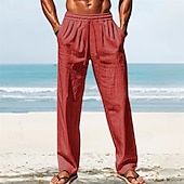 cheap Holiday-Men&#039;s Linen Pants Trousers Summer Pants Beach Pants Pocket Elastic Waist Drawstring Plain Comfort Breathable Vacation Daily Holiday Hawaiian Boho White Dark Red