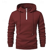 economico felpe con cappuccio da uomo di base-Per uomo Felpa con cappuccio Felpa con cappuccio e zip corta Aalbicocca Nero Vino Blu marino Verde scuro Con Cappuccio Semplice Coulisse Zip a un quarto Sport &amp; Outdoor Quotidiano Ferie Poliestere