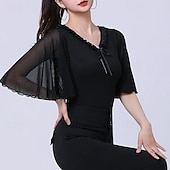 abordables Hauts &amp; Ensembles-Danse Latine Haut Nœud Couleur unie Épissage Femmes Performance Entraînement Demi Manches Haut Polyester