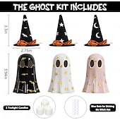 economico Illuminazione di Props di Halloween-Statuetta fantasma di Halloween, piccole statuette fantasma in resina con luce, fantasmi luminosi con cappelli da strega, simpatica statua fantasma per decorazioni spettrali di Halloween per tavoli da