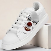 billiga Grafiska tryckskor-Vita herrsneakers med tryck av onda clownansikten – läskiga halloweenskor för skräckfans och festdeltagare