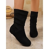 economico Stivali ampi-stivali da donna in finta pelle scamosciata nera, morbidi fino a metà polpaccio – stivaletti invernali con tacco piatto, calzature comode e casual per il freddo