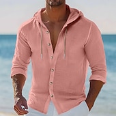 economico Vacanza-Per uomo Camicia Camicia di lino Abbigliamento da spiaggia Camicia con Bottoni Camicia con cappuccio Semplice Vacanza Casuale Nero Bianco Rosa Blu Manica Lunga Con Cappuccio Estate Primavera &amp; Estate