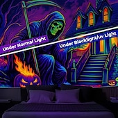 お買い得  ハロウィン壁タペストリー-ハロウィン ブラックライトタペストリー 雲の中の死神 UV反応 暗闇で光る 森 夢のような山 霧の墓地 ゴースト ハンギングタペストリー ウォールアート ミューラル リビングルーム 寝室用