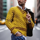 abordables Pull col rond-Homme Pull Torsadé Tricoter Hauts Réguliers Tricoté Coupe ajustée Uni Col en V Tricots Contemporain Occasionnel Tenue quotidienne Vêtement Tenue Automne Blanche Jaune M L XL