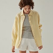 olcso Ingek-női 100% lenvászon ing elegáns vintage mindennapi hosszú ujjú inggallér normál felsők munkahelyi mindennapi ünnepi krémsárga törtfehér nyár tavasz ősz