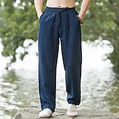 baratos Feriado-Homens Calças de linho Calças Calça verão Calças largas Cintura elástica Com Cordão Perna reta Tecido Conforto Respirável Comprimento total Ao ar livre Casual Diário Moda Estilo Clássico Preto Branco